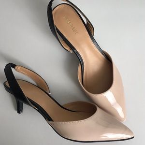 EXPRESS nude and black sling back kitten heels
